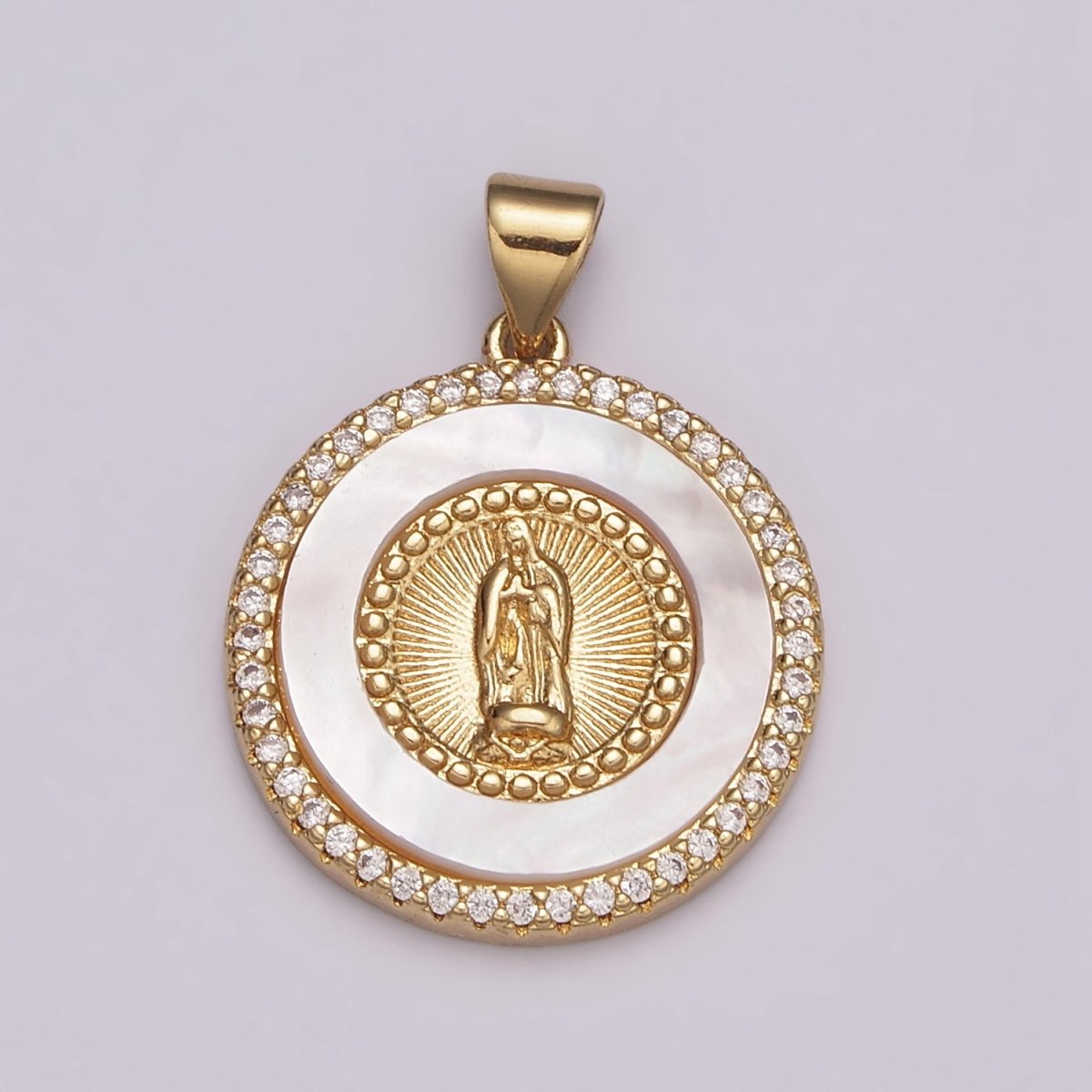 14K Gold Filled Miraculous Lady / Lady Guadalupe Micro Paved CZ Shell Pearl Round Pendant N-532 N-533 - DLUXCA