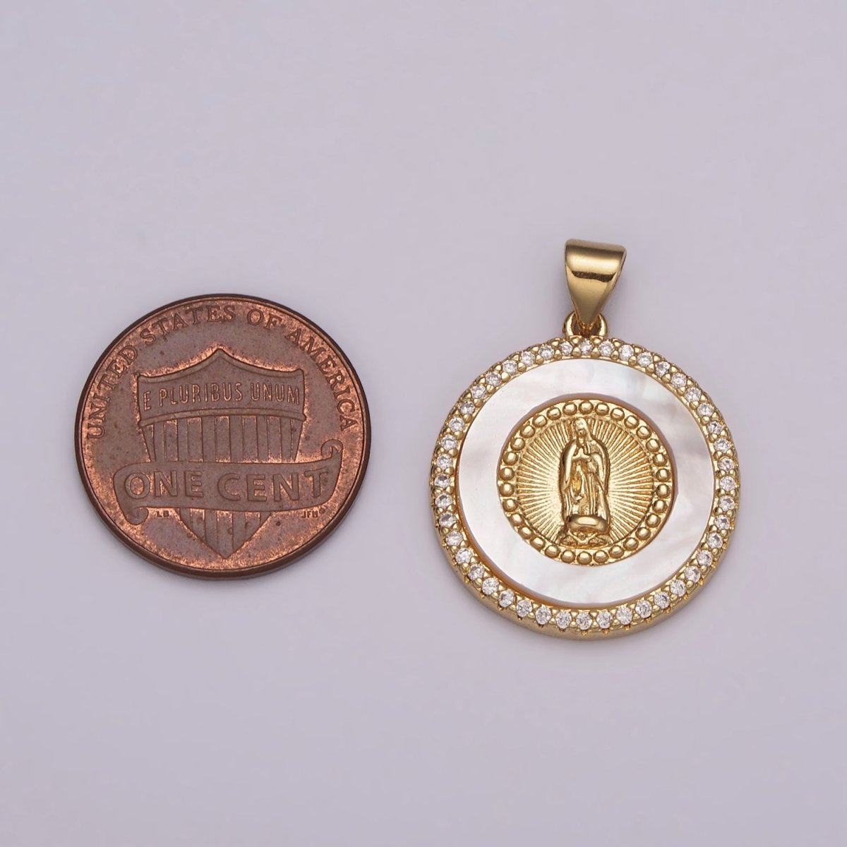 14K Gold Filled Miraculous Lady / Lady Guadalupe Micro Paved CZ Shell Pearl Round Pendant N-532 N-533 - DLUXCA