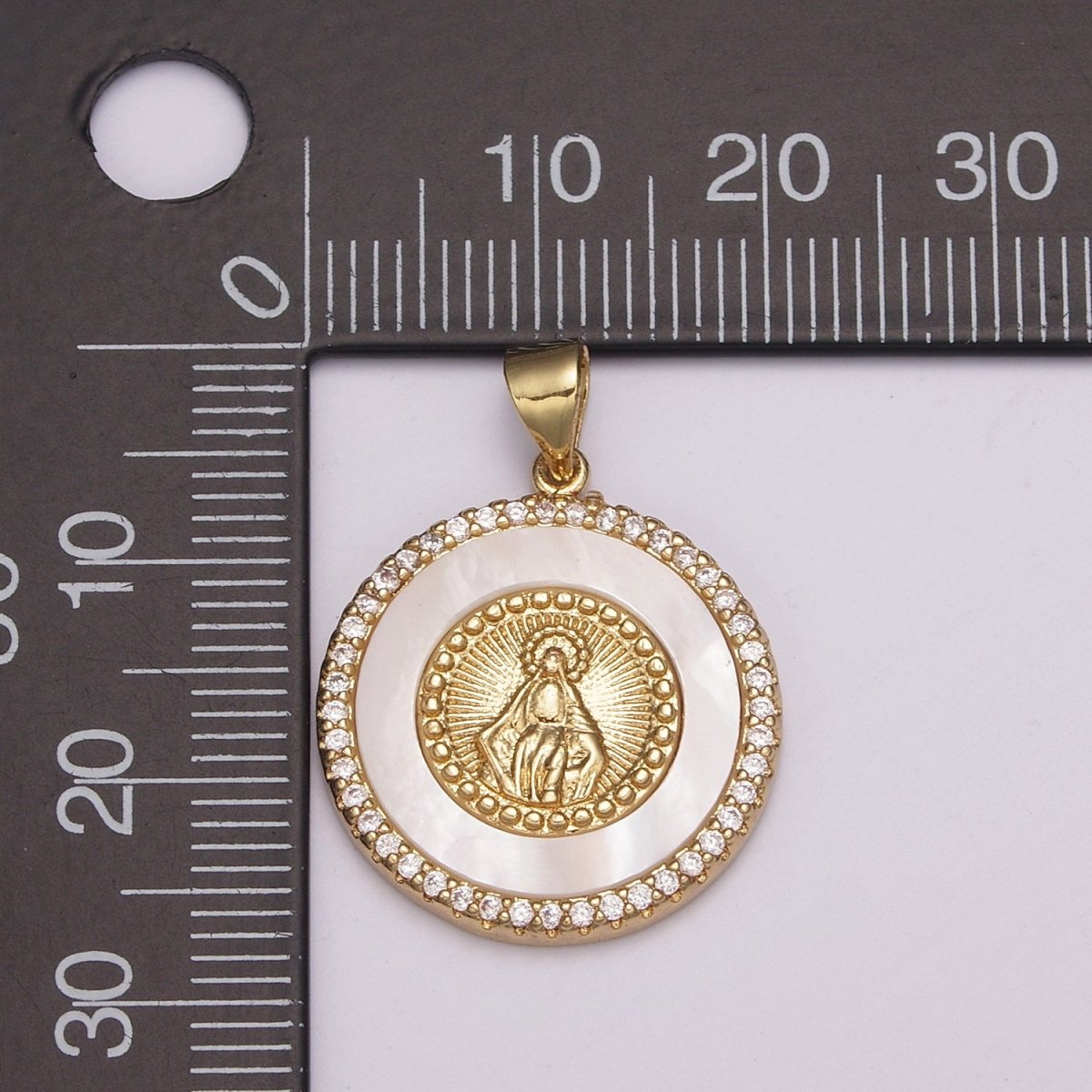 14K Gold Filled Miraculous Lady / Lady Guadalupe Micro Paved CZ Shell Pearl Round Pendant N-532 N-533 - DLUXCA