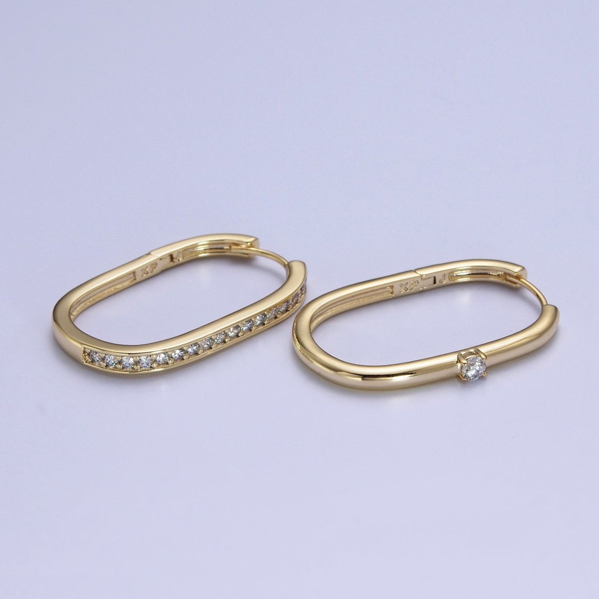 14K Gold Filled Mismatched U Shaped Huggie, Micro Paved & Round Cubic Zirconia Oblong Hoop Earrings Set | Y-054 - DLUXCA