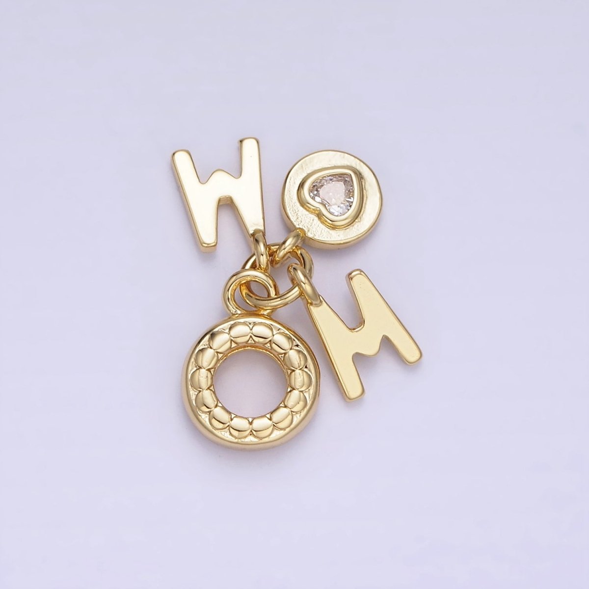 14K Gold Filled "MOM" Script Heart CZ Dotted Open Round Drop Charm | AG629 - DLUXCA