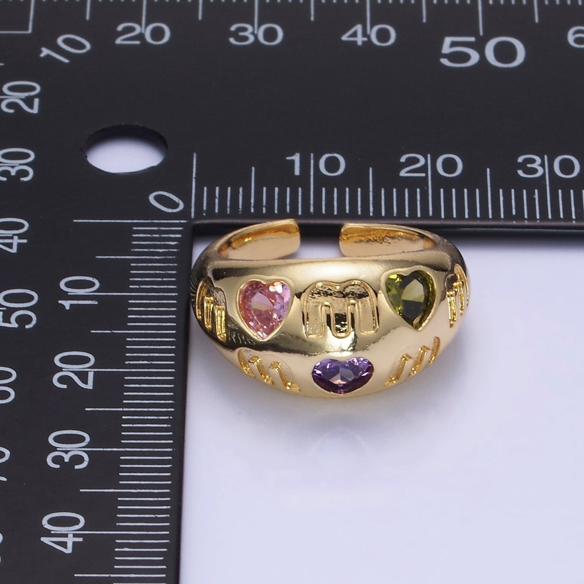 14K Gold Filled "MOM" Script Multicolor CZ Heart Chubby Signet Ring in Gold & Silver | O1337 O1338 - DLUXCA