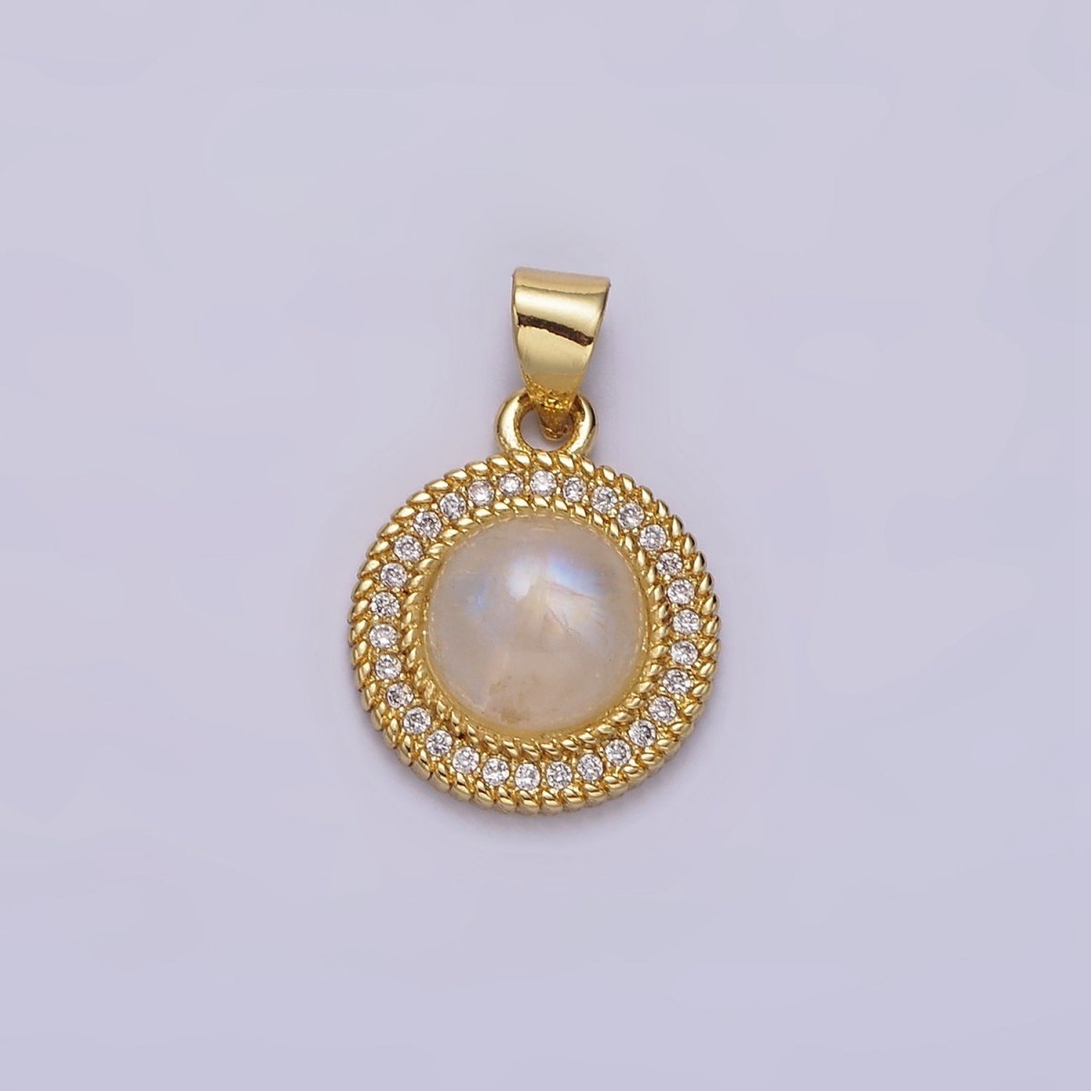 14K Gold Filled Moonstone Clear CZ Line-Textured Round Pendant | AA643 - DLUXCA
