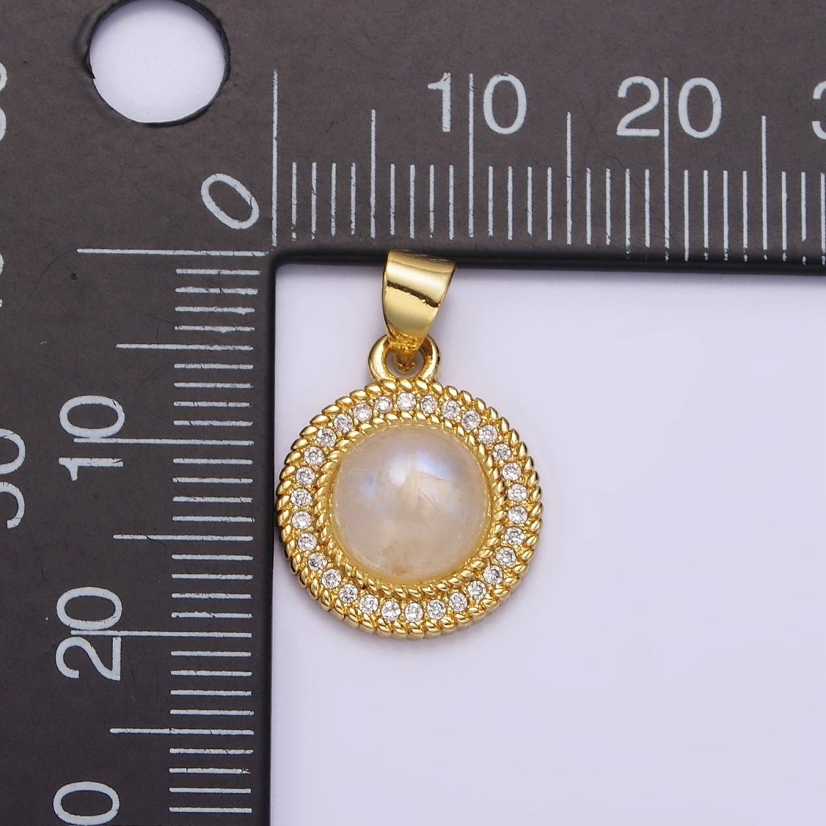 14K Gold Filled Moonstone Clear CZ Line-Textured Round Pendant | AA643 - DLUXCA