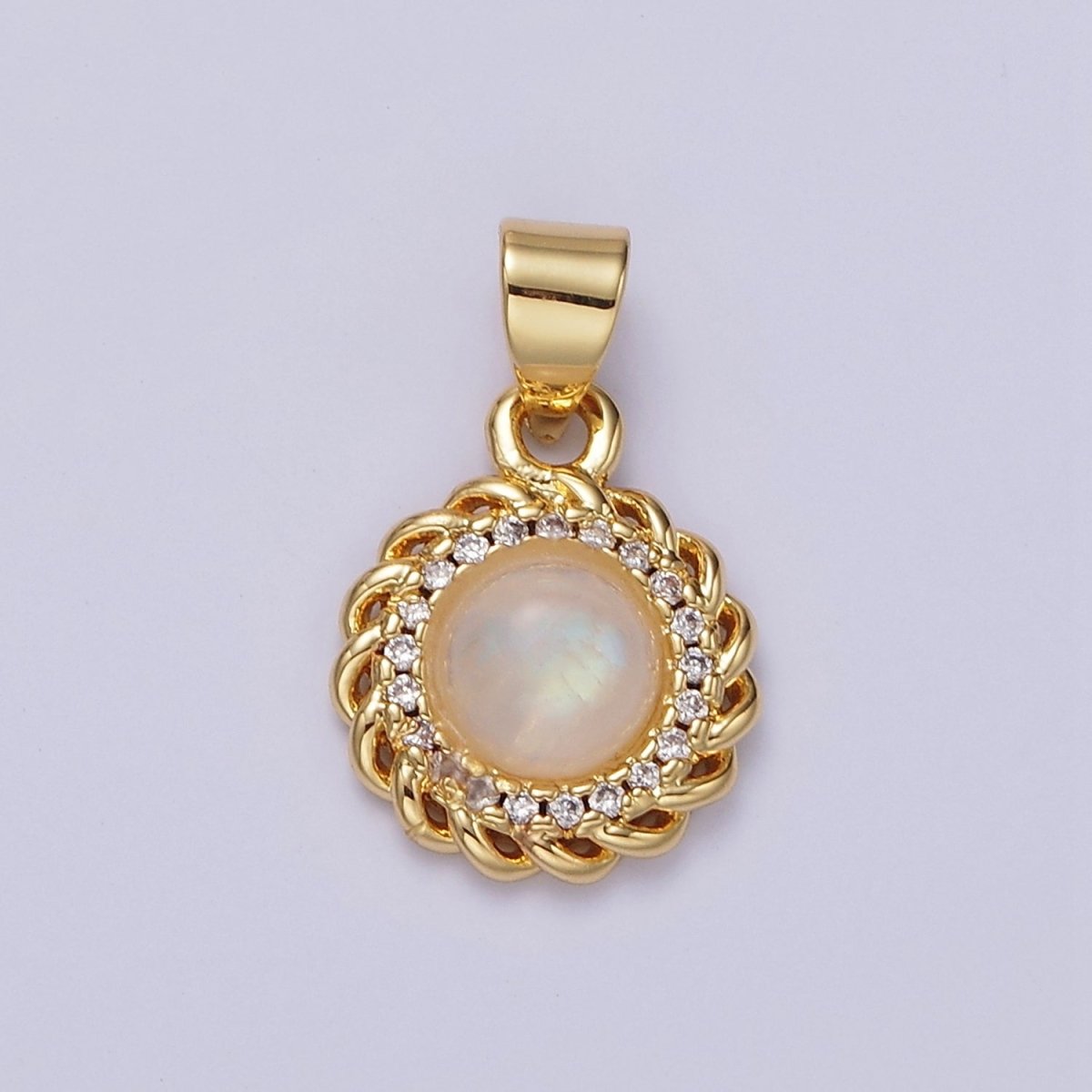 14K Gold Filled Moonstone Clear Micro Paved Rounded Bar Curb Lined Pendant | AA678 - DLUXCA