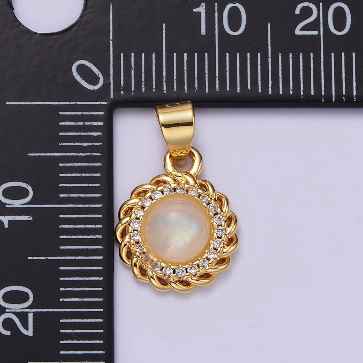 14K Gold Filled Moonstone Clear Micro Paved Rounded Bar Curb Lined Pendant | AA678 - DLUXCA