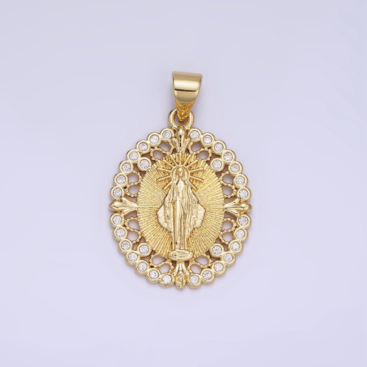 14K Gold Filled Mother Mary CZ Round Dotted Open Oval Pendant | AA1129 - DLUXCA