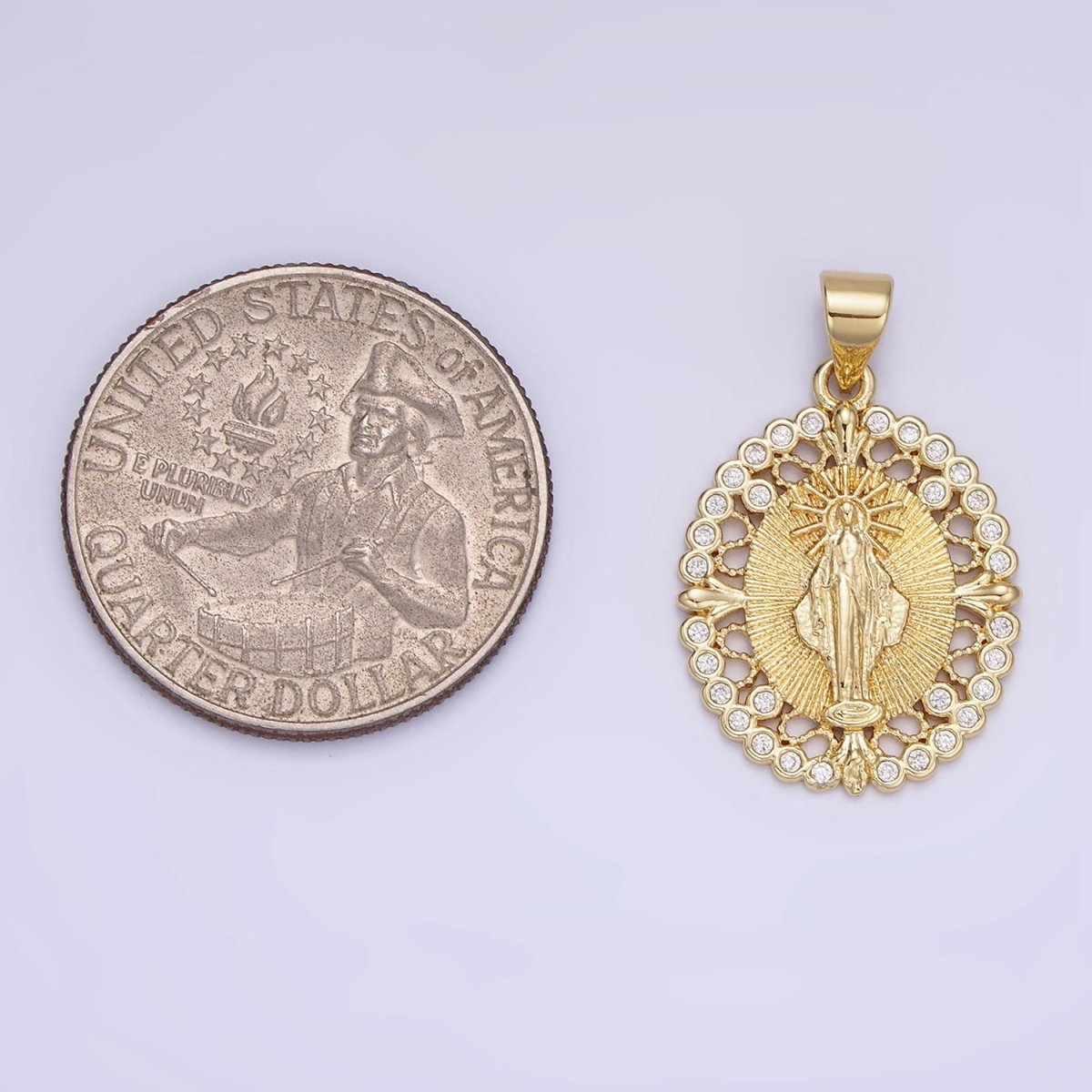 14K Gold Filled Mother Mary CZ Round Dotted Open Oval Pendant | AA1129 - DLUXCA
