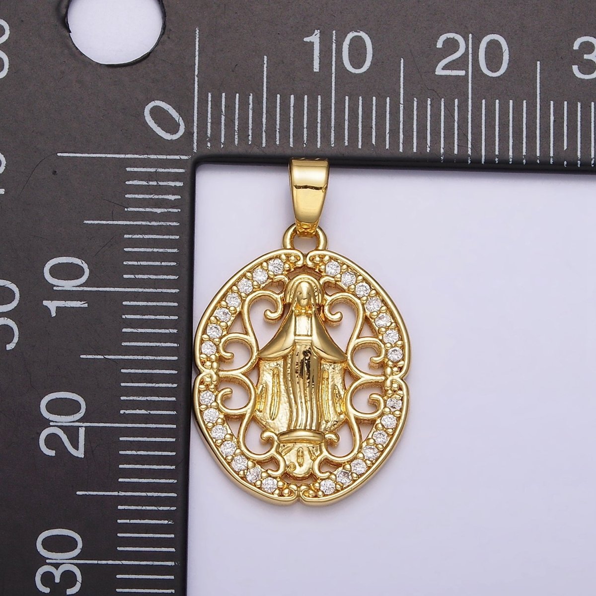 14K Gold Filled Mother Mary lady Guadalupe Elaborate Open Micro Paved CZ Oval Pendant | N1314 - DLUXCA