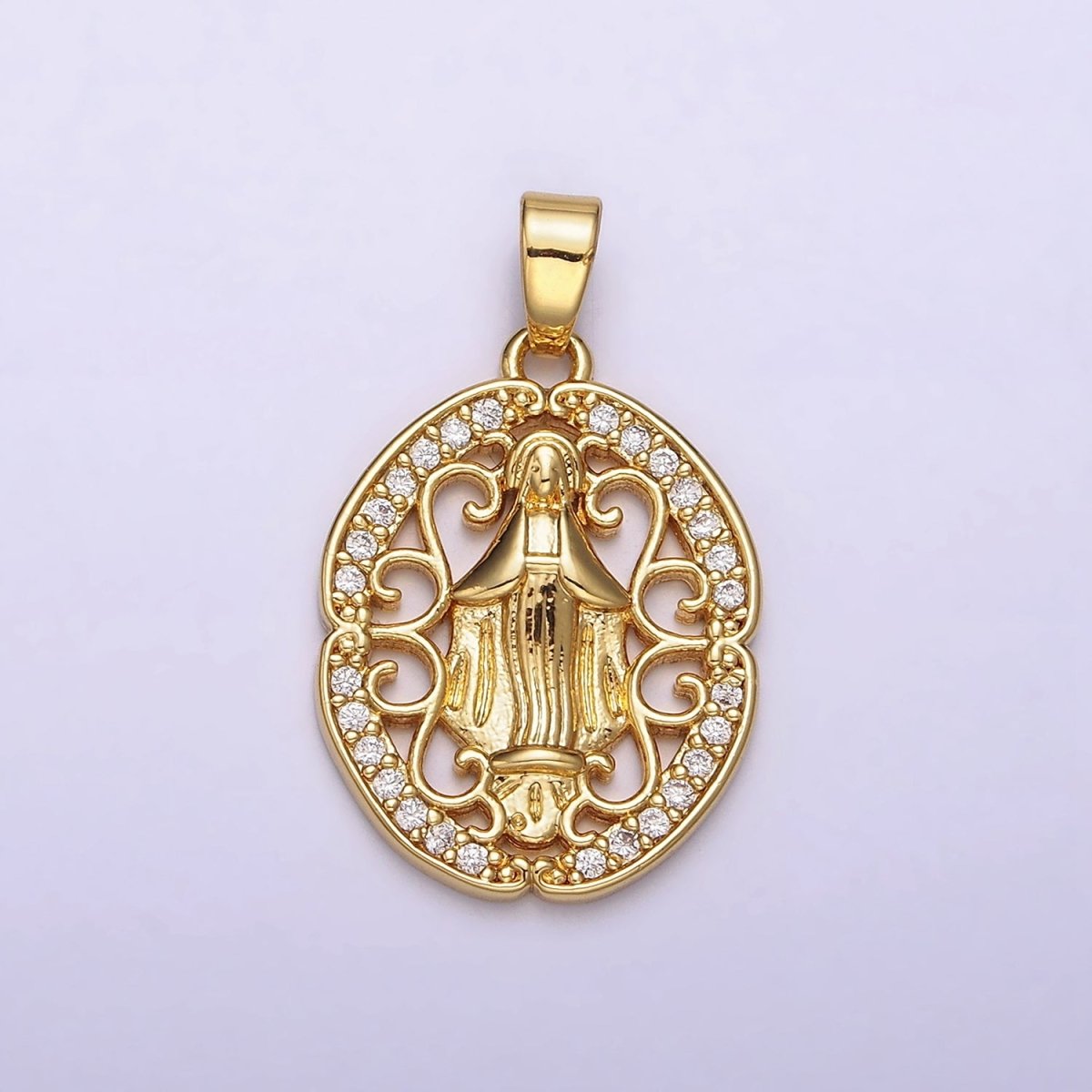 14K Gold Filled Mother Mary lady Guadalupe Elaborate Open Micro Paved CZ Oval Pendant | N1314 - DLUXCA