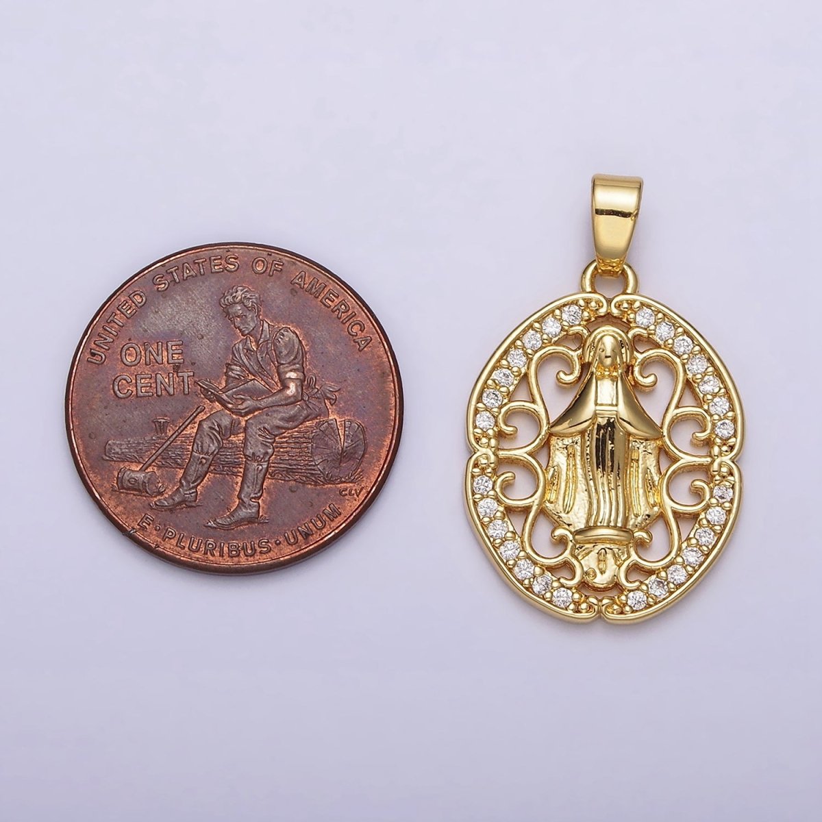 14K Gold Filled Mother Mary lady Guadalupe Elaborate Open Micro Paved CZ Oval Pendant | N1314 - DLUXCA