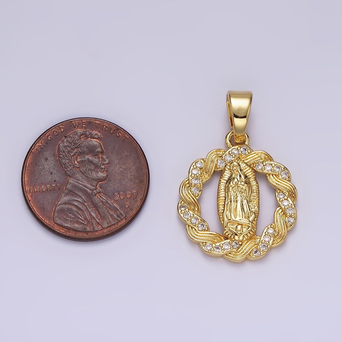 14K Gold Filled Mother Mary Lady Guadalupe Open Micro Paved CZ Lined Braided Pendant | N1311 - DLUXCA