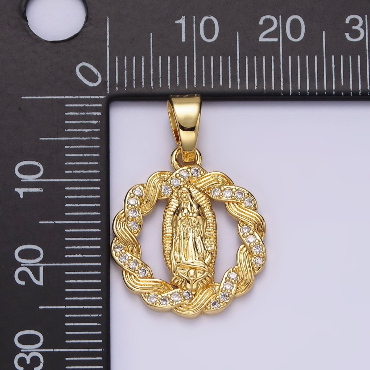 14K Gold Filled Mother Mary Lady Guadalupe Open Micro Paved CZ Lined Braided Pendant | N1311 - DLUXCA