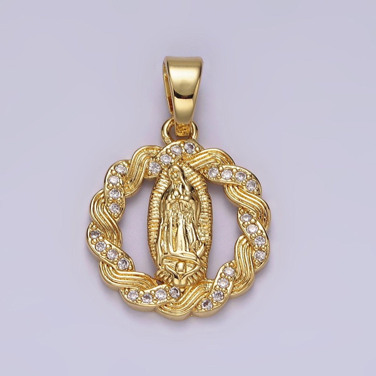 14K Gold Filled Mother Mary Lady Guadalupe Open Micro Paved CZ Lined Braided Pendant | N1311 - DLUXCA