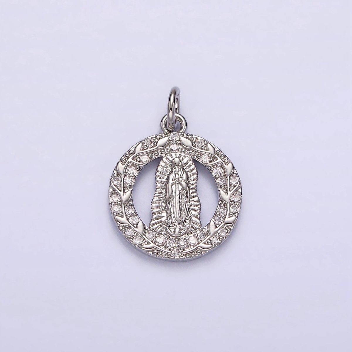 14K Gold Filled Mother Mary Lady Guadalupe Open Vine Plant Micro Paved CZ Round Charm in Gold & Silver | AG393 AG394 - DLUXCA