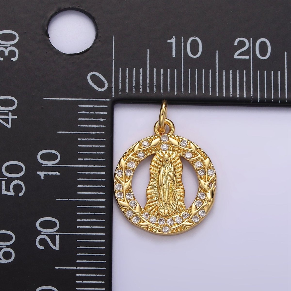 14K Gold Filled Mother Mary Lady Guadalupe Open Vine Plant Micro Paved CZ Round Charm in Gold & Silver | AG393 AG394 - DLUXCA