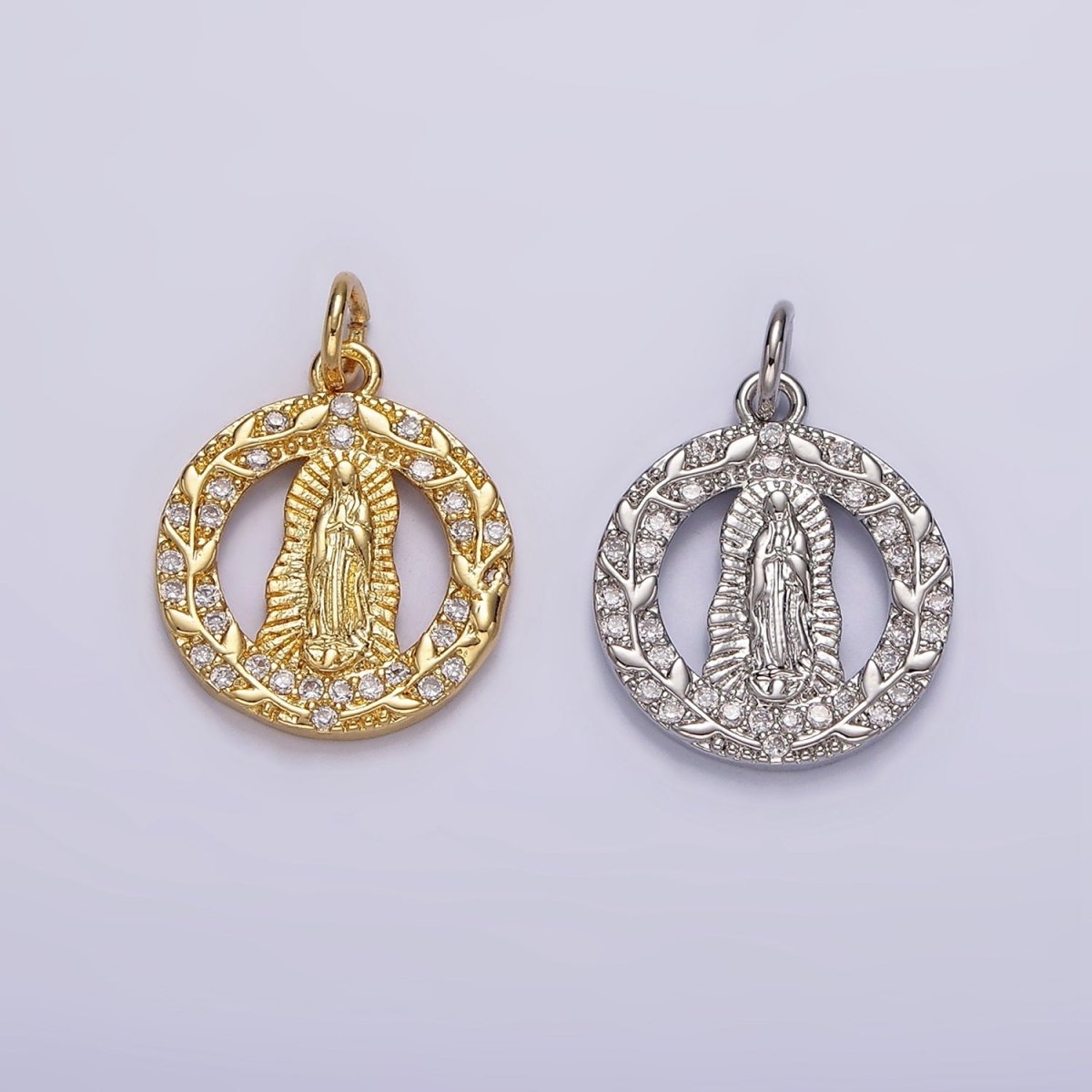 14K Gold Filled Mother Mary Lady Guadalupe Open Vine Plant Micro Paved CZ Round Charm in Gold & Silver | AG393 AG394 - DLUXCA