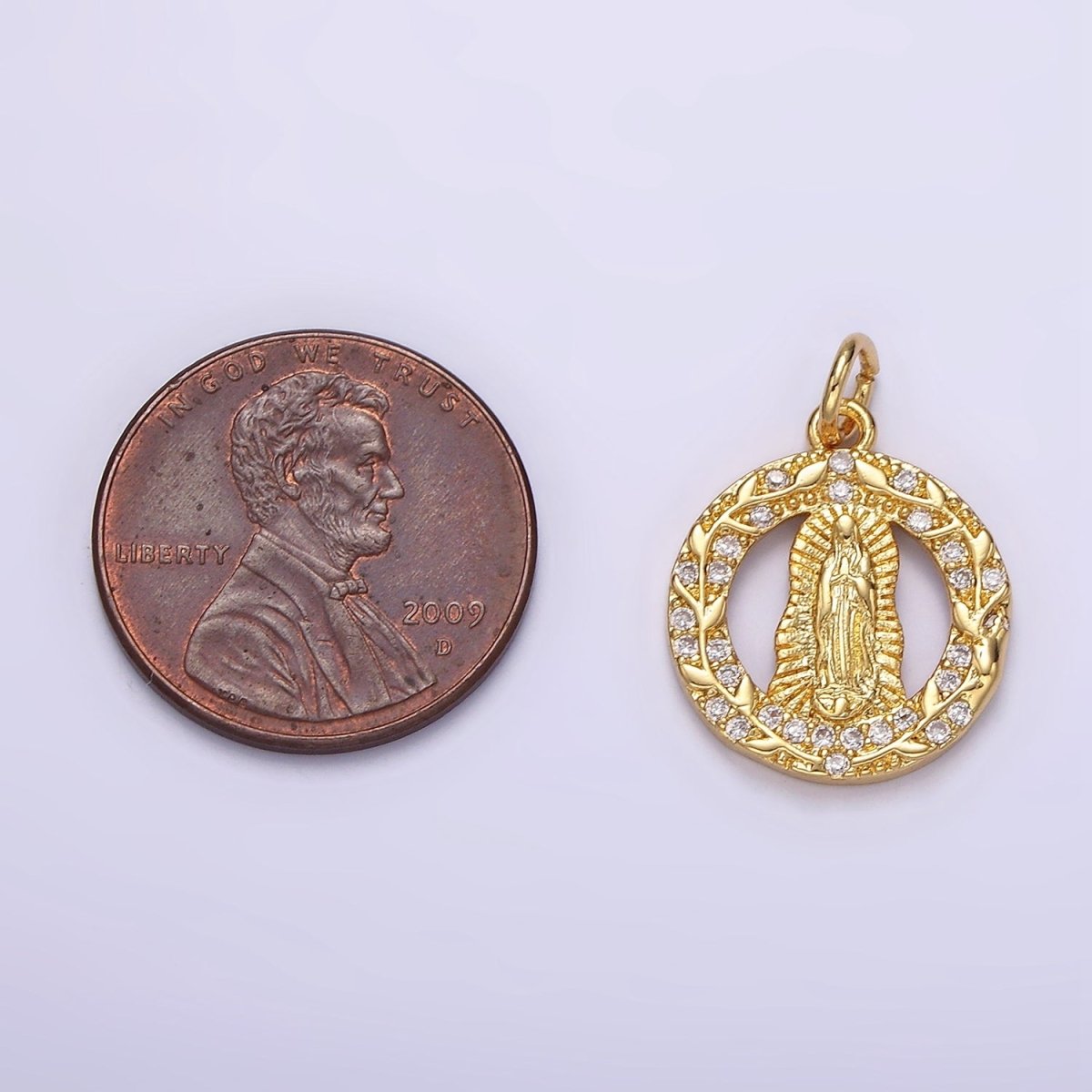 14K Gold Filled Mother Mary Lady Guadalupe Open Vine Plant Micro Paved CZ Round Charm in Gold & Silver | AG393 AG394 - DLUXCA