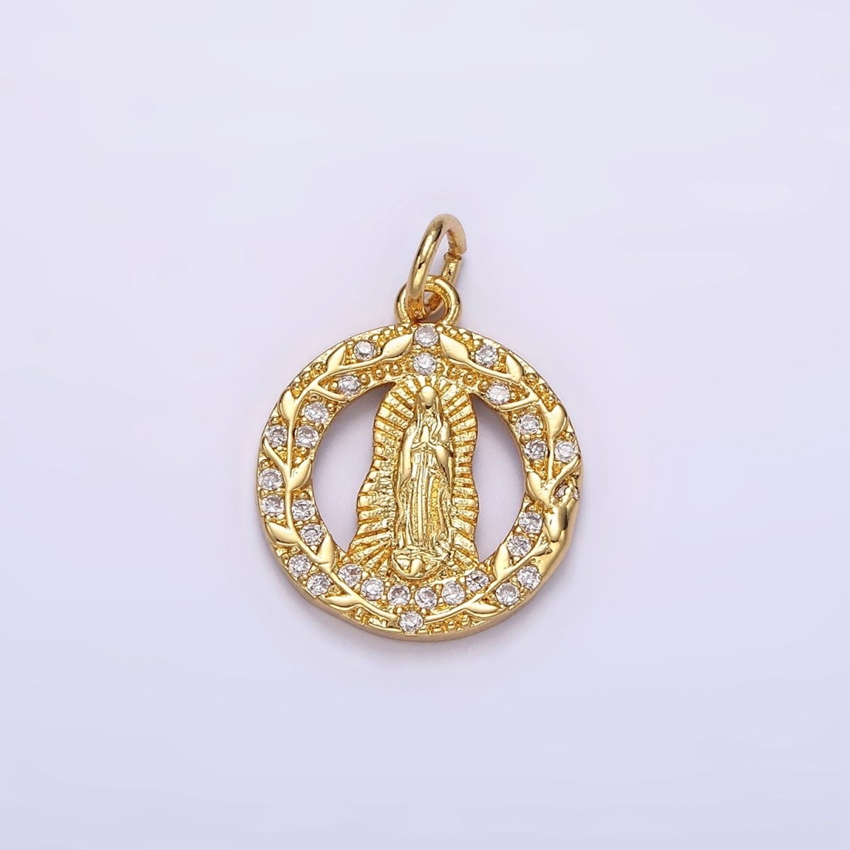 14K Gold Filled Mother Mary Lady Guadalupe Open Vine Plant Micro Paved CZ Round Charm in Gold & Silver | AG393 AG394 - DLUXCA