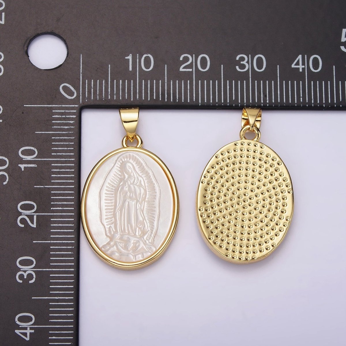 14K Gold Filled Mother Mary Lady Guadalupe Shell Pearl Oval Bezel Pendant | N1949 - DLUXCA