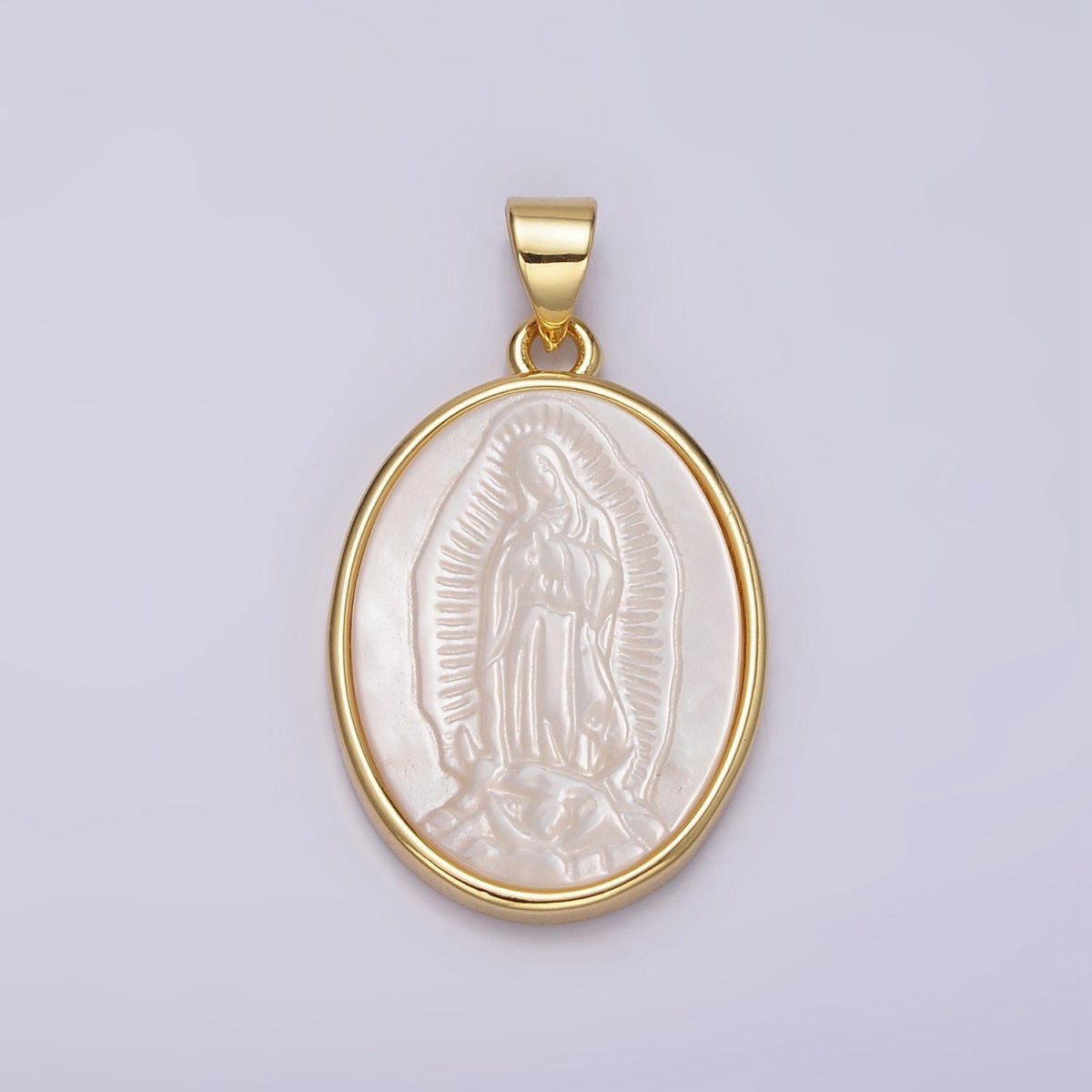 14K Gold Filled Mother Mary Lady Guadalupe Shell Pearl Oval Bezel Pendant | N1949 - DLUXCA