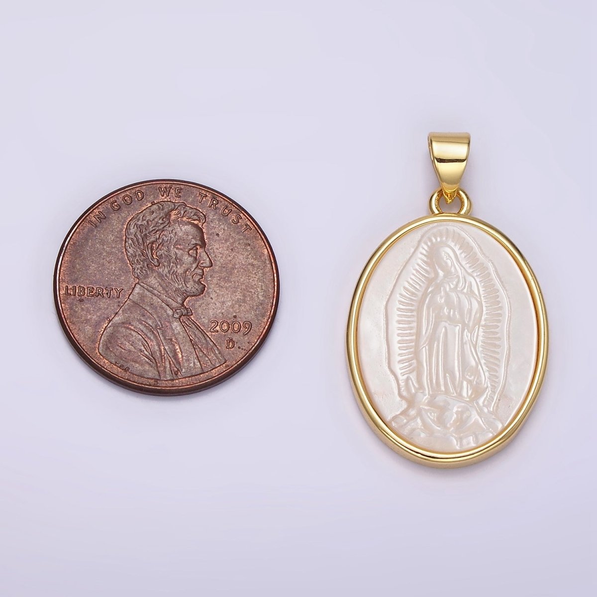 14K Gold Filled Mother Mary Lady Guadalupe Shell Pearl Oval Bezel Pendant | N1949 - DLUXCA