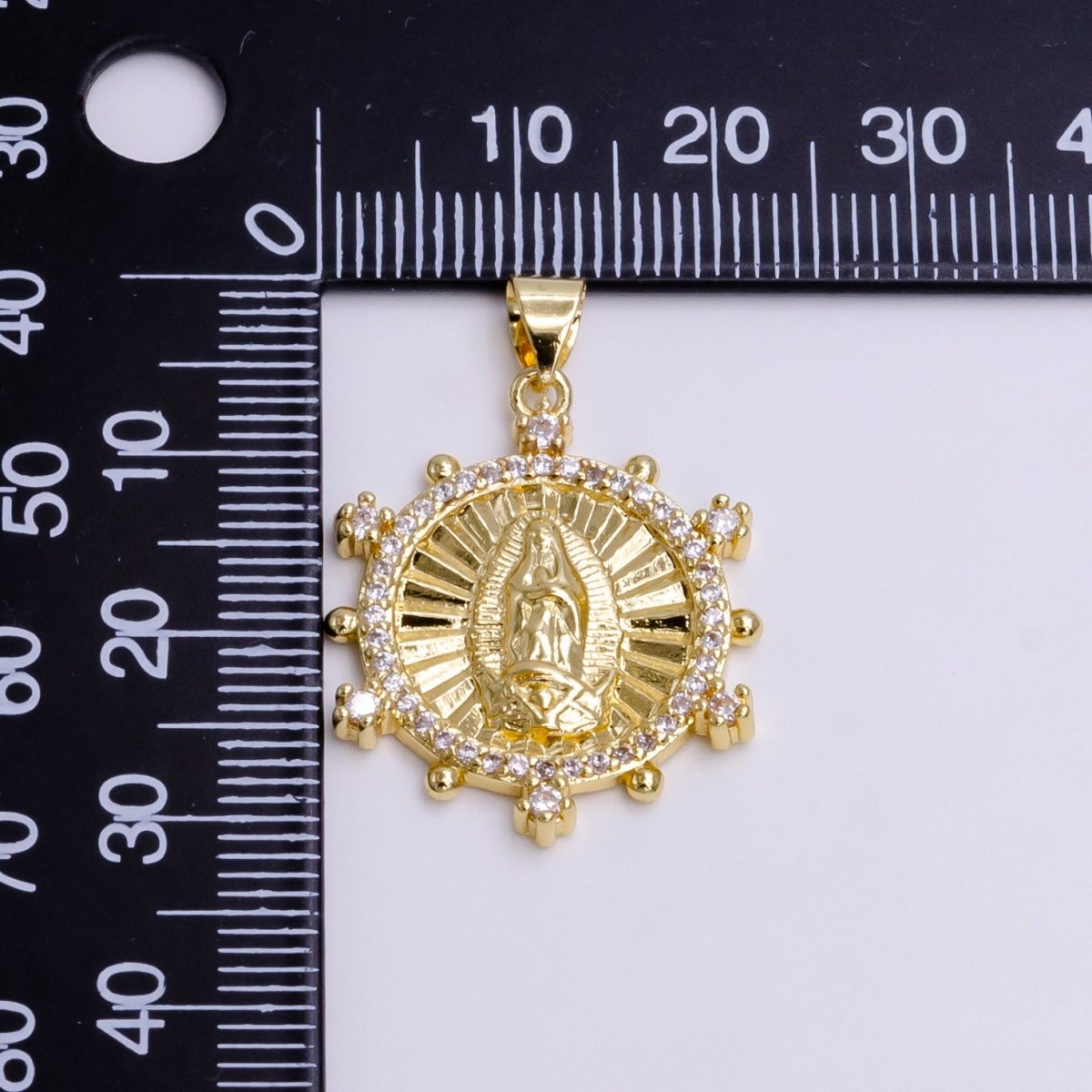 14K Gold Filled Mother Mary Lady Guadalupe Sunburst Micro Paved CZ Dotted Outline Pendant | AA779 - DLUXCA