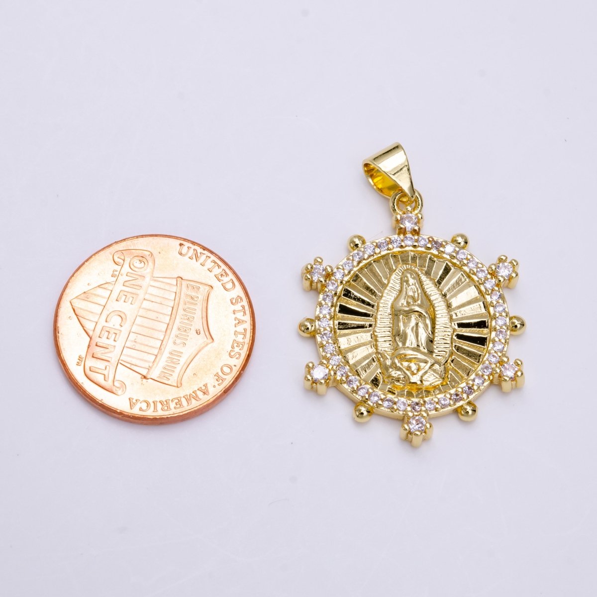 14K Gold Filled Mother Mary Lady Guadalupe Sunburst Micro Paved CZ Dotted Outline Pendant | AA779 - DLUXCA