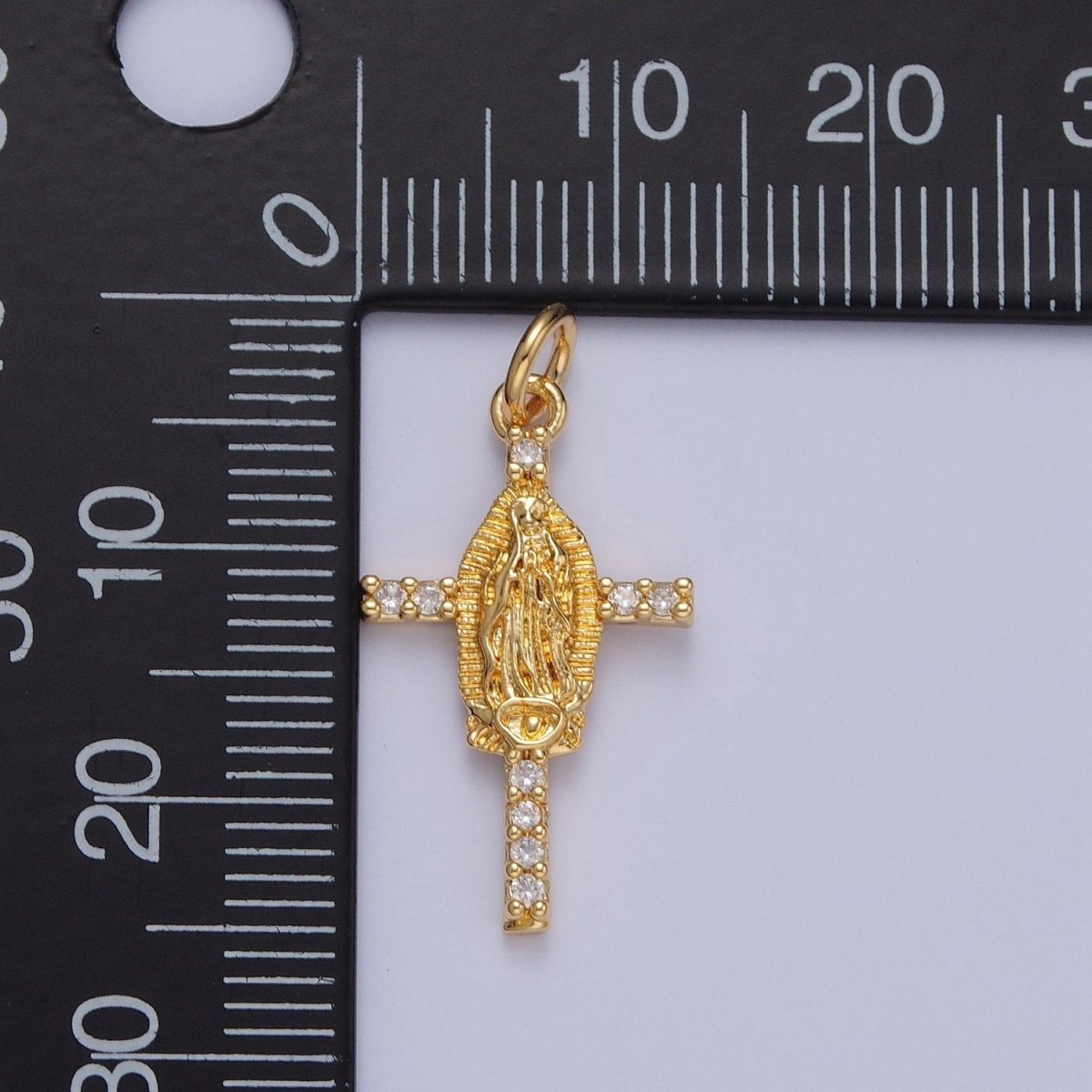 14K Gold Filled Mother Mary on Micro Pave Clear CZ Cross Religious Charm in Gold & Silver | X-139 X-140 - DLUXCA