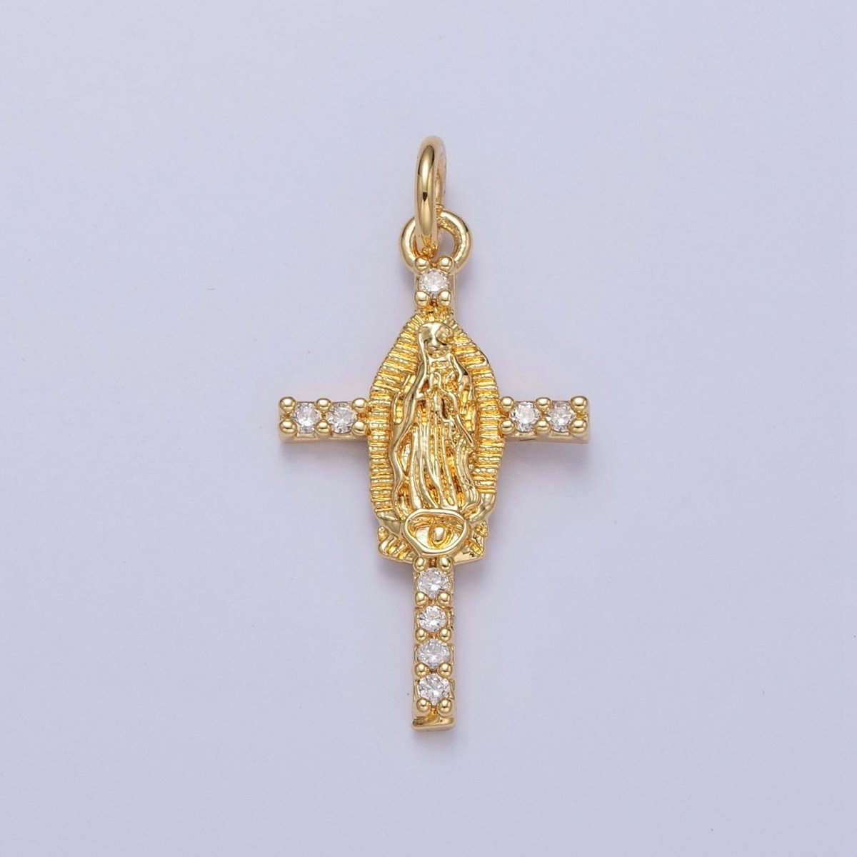 14K Gold Filled Mother Mary on Micro Pave Clear CZ Cross Religious Charm in Gold & Silver | X-139 X-140 - DLUXCA