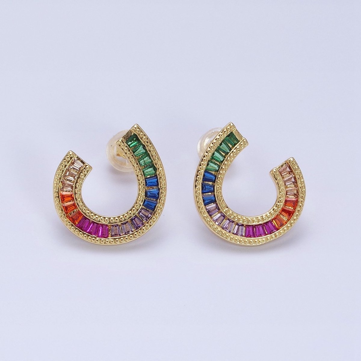 14K Gold Filled Multicolor Baguette U Circular Stud Earrings in Gold & Silver | AB1516 AD1159 - DLUXCA