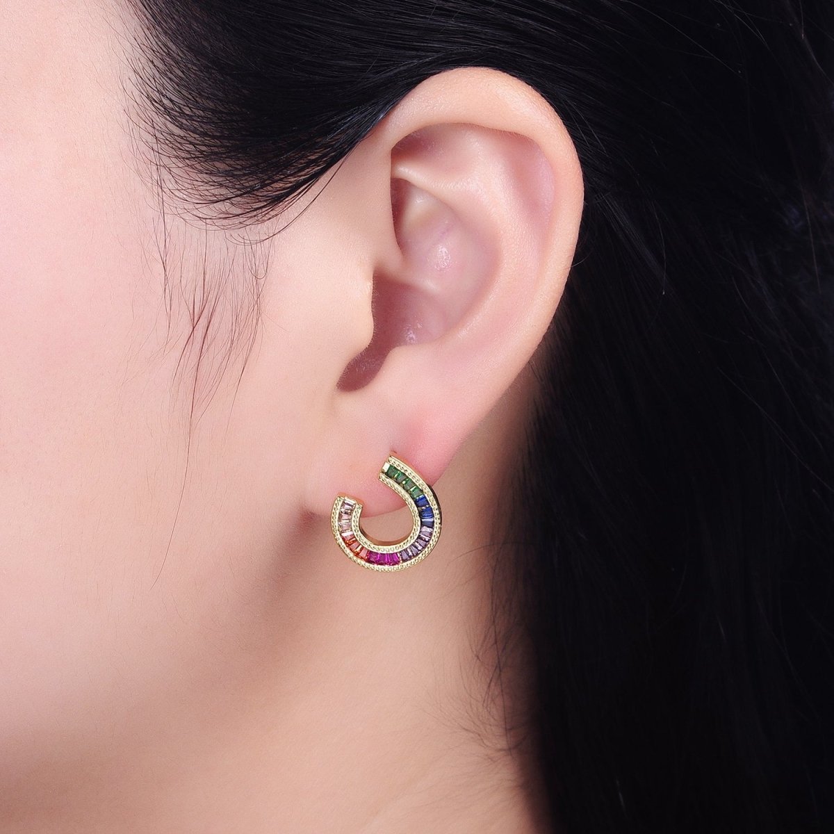 14K Gold Filled Multicolor Baguette U Circular Stud Earrings in Gold & Silver | AB1516 AD1159 - DLUXCA