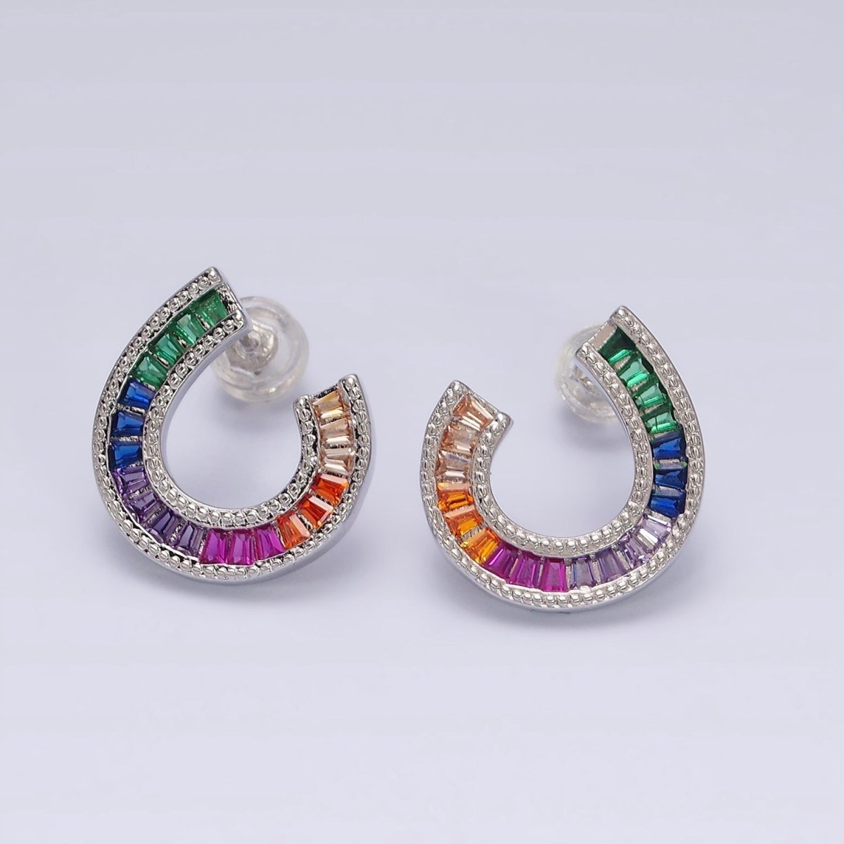 14K Gold Filled Multicolor Baguette U Circular Stud Earrings in Gold & Silver | AB1516 AD1159 - DLUXCA