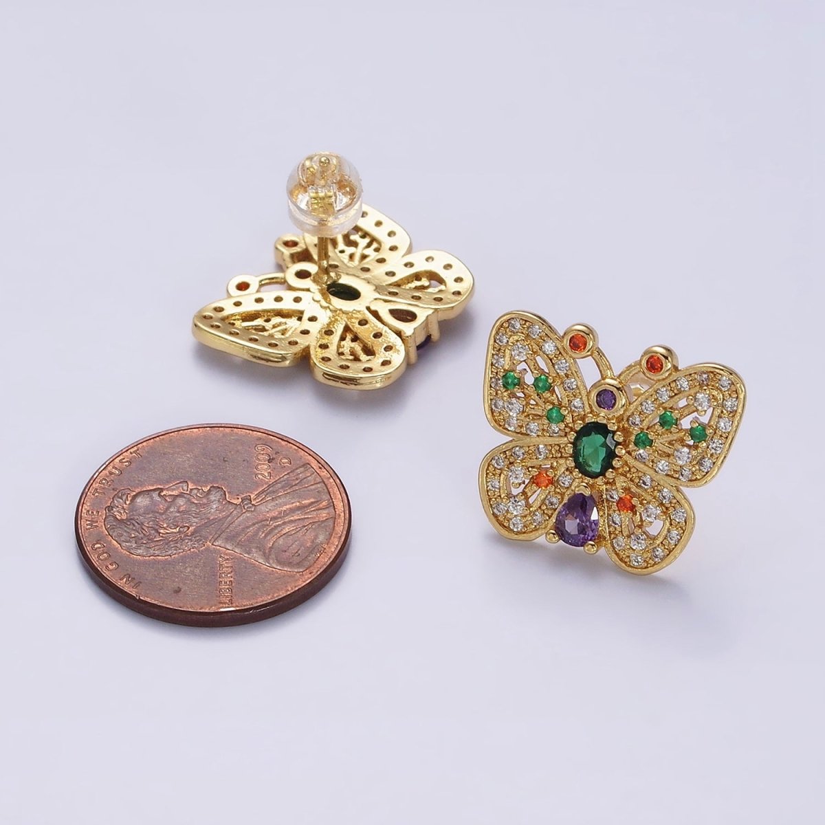 14K Gold Filled Multicolor CZ Antenna Butterfly Mariposa Dotted Micro Paved Stud Earrings in Gold & Silver | Y-912 Y-913 - DLUXCA