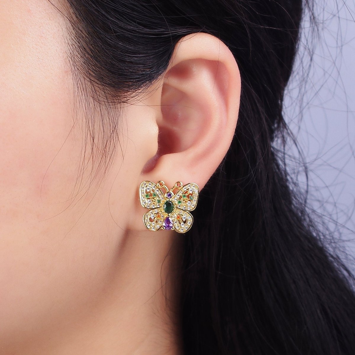 14K Gold Filled Multicolor CZ Antenna Butterfly Mariposa Dotted Micro Paved Stud Earrings in Gold & Silver | Y-912 Y-913 - DLUXCA
