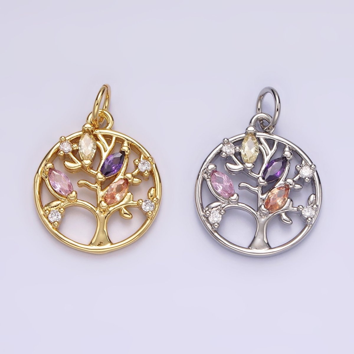 14K Gold Filled Multicolor Marquise CZ Leaf Tree Open Round Charm in Gold & Silver | N1500 N1501 - DLUXCA