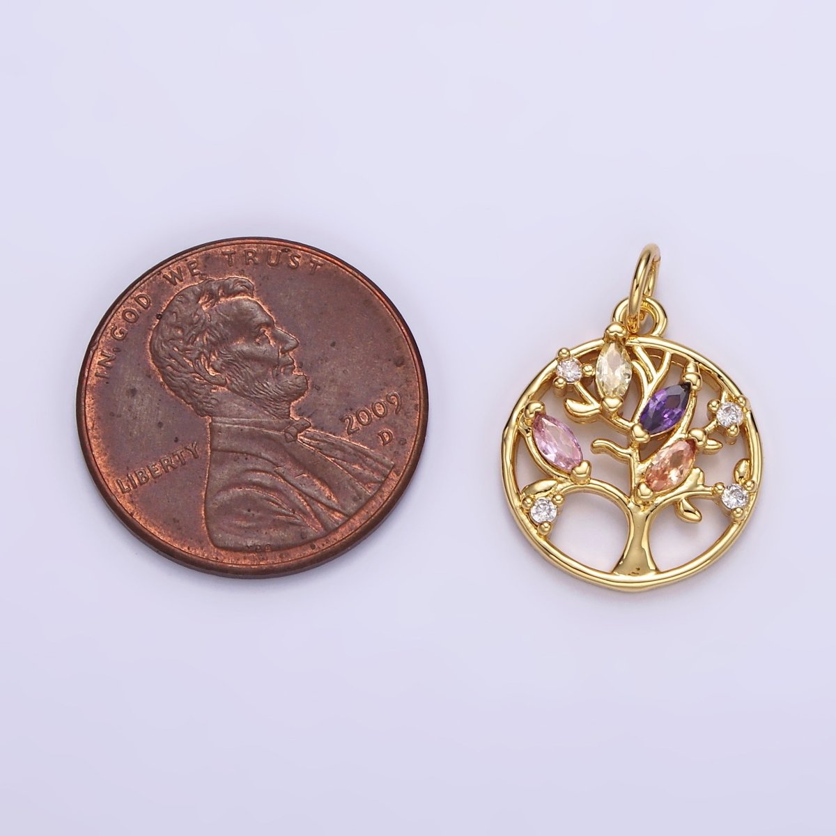 14K Gold Filled Multicolor Marquise CZ Leaf Tree Open Round Charm in Gold & Silver | N1500 N1501 - DLUXCA