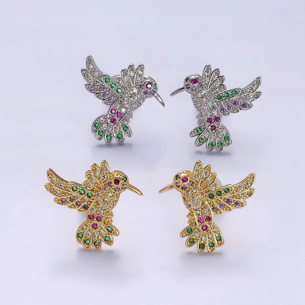 14K Gold Filled Multicolor Micro Paved CZ Hummingbird Pet Earrings Set in Gold & Silver | Y-902 Y-903 - DLUXCA