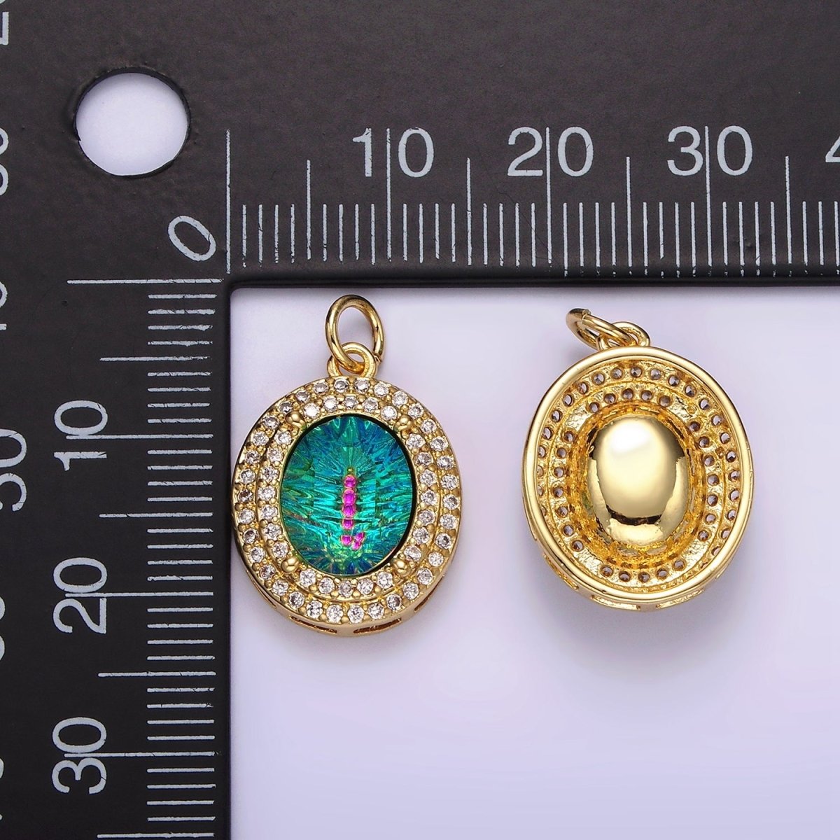 14K Gold Filled Multicolor, Purple, Yellow, Blue Iridescent Thermal CZ Micro Paved Oval Charm | AG070 - AG073 - DLUXCA