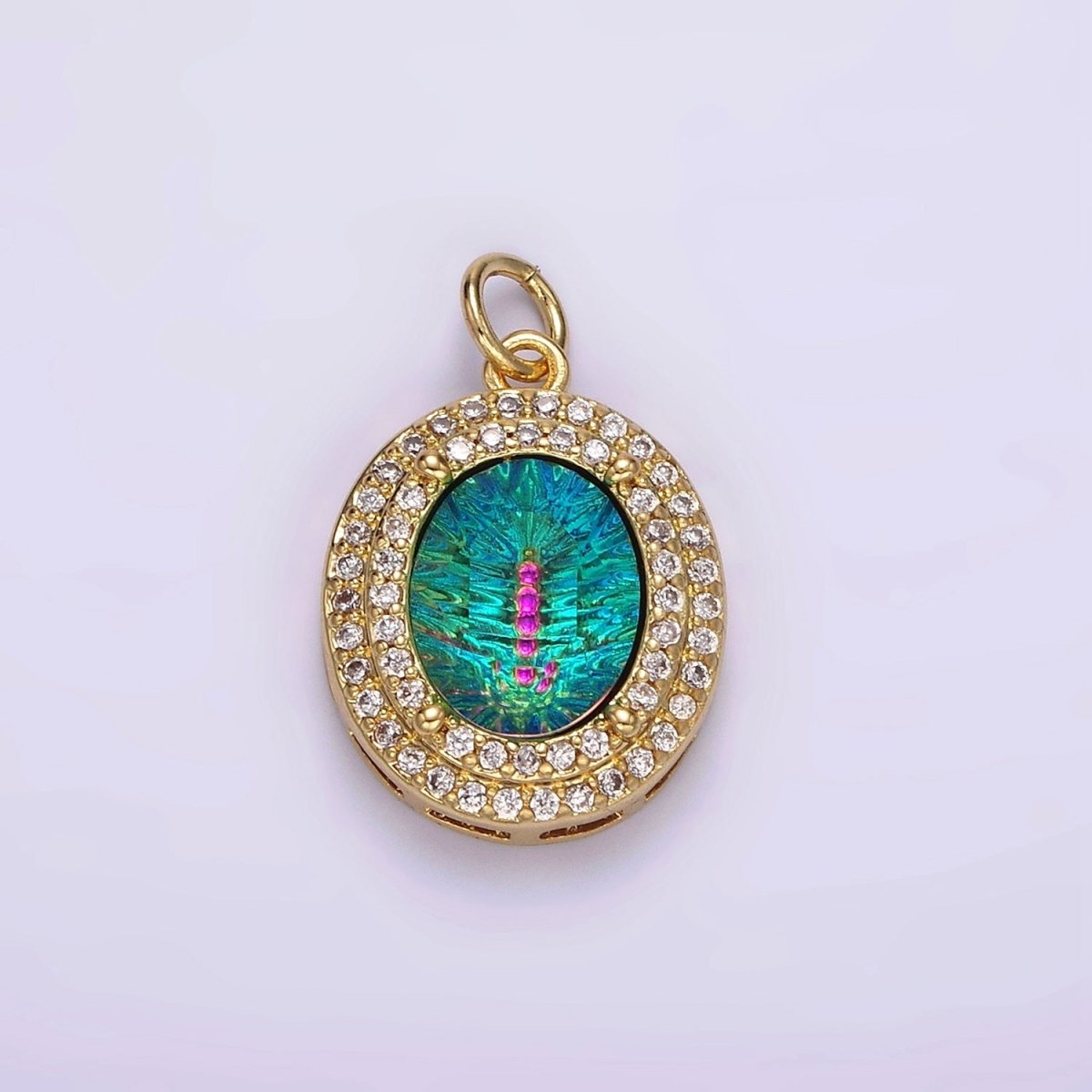 14K Gold Filled Multicolor, Purple, Yellow, Blue Iridescent Thermal CZ Micro Paved Oval Charm | AG070 - AG073 - DLUXCA