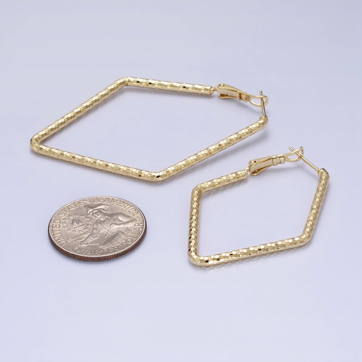 14K Gold Filled Multifaceted Textured 45mm, 60mm Rhombus Hinge Hoop Earrings | AE063 AE064 - DLUXCA