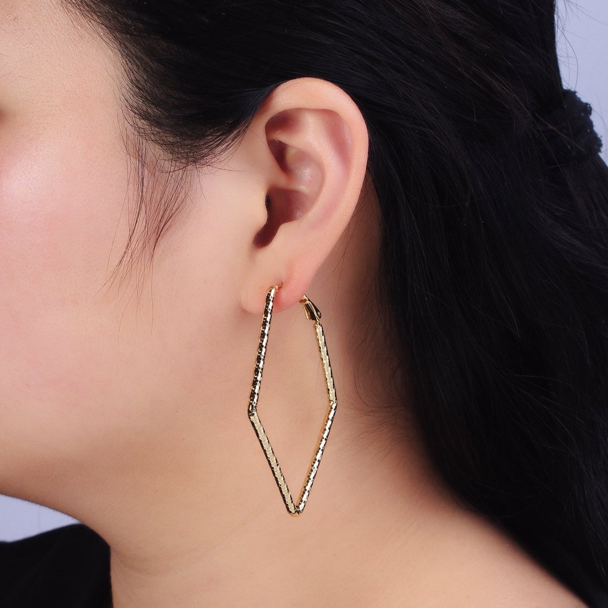 14K Gold Filled Multifaceted Textured 45mm, 60mm Rhombus Hinge Hoop Earrings | AE063 AE064 - DLUXCA