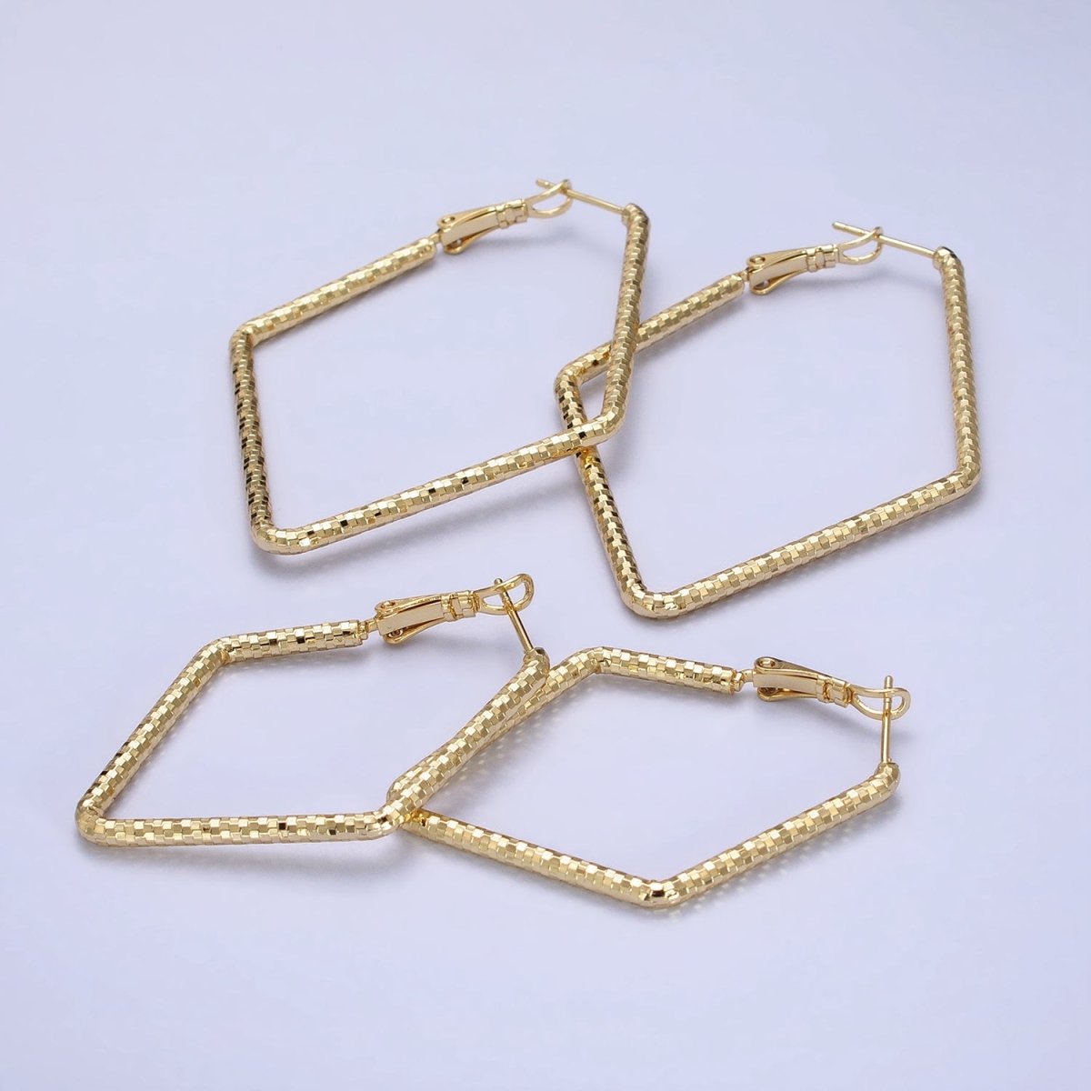 14K Gold Filled Multifaceted Textured 45mm, 60mm Rhombus Hinge Hoop Earrings | AE063 AE064 - DLUXCA