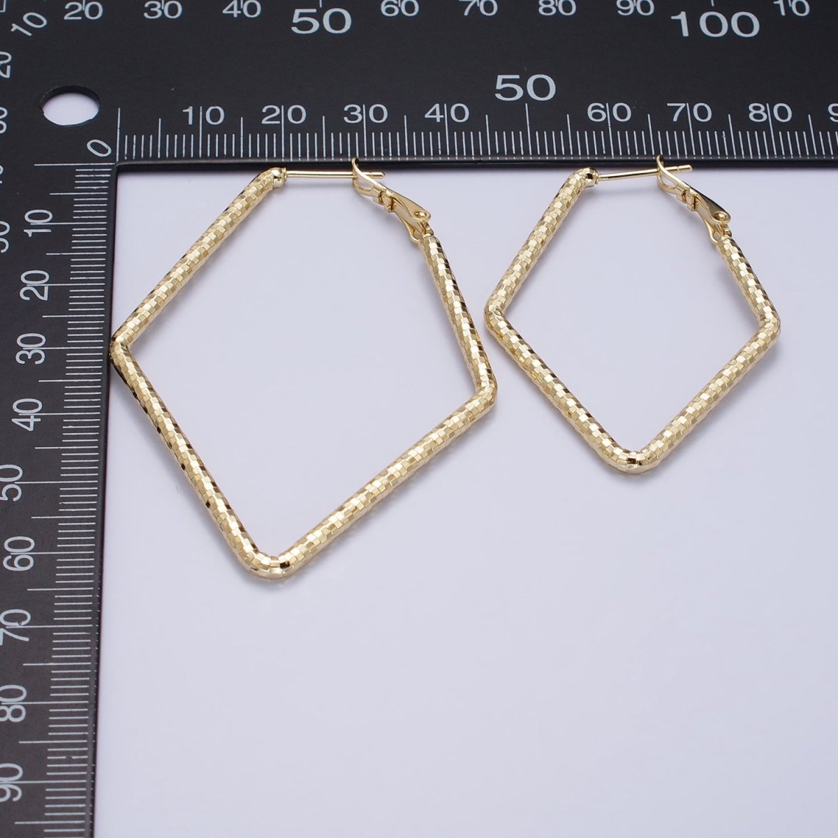 14K Gold Filled Multifaceted Textured 45mm, 60mm Rhombus Hinge Hoop Earrings | AE063 AE064 - DLUXCA