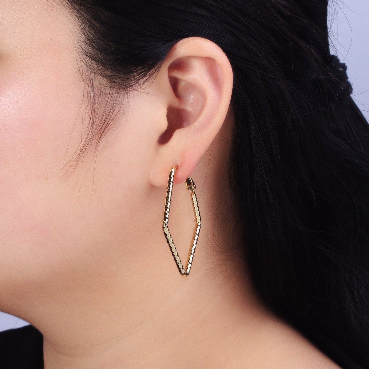 14K Gold Filled Multifaceted Textured 45mm, 60mm Rhombus Hinge Hoop Earrings | AE063 AE064 - DLUXCA