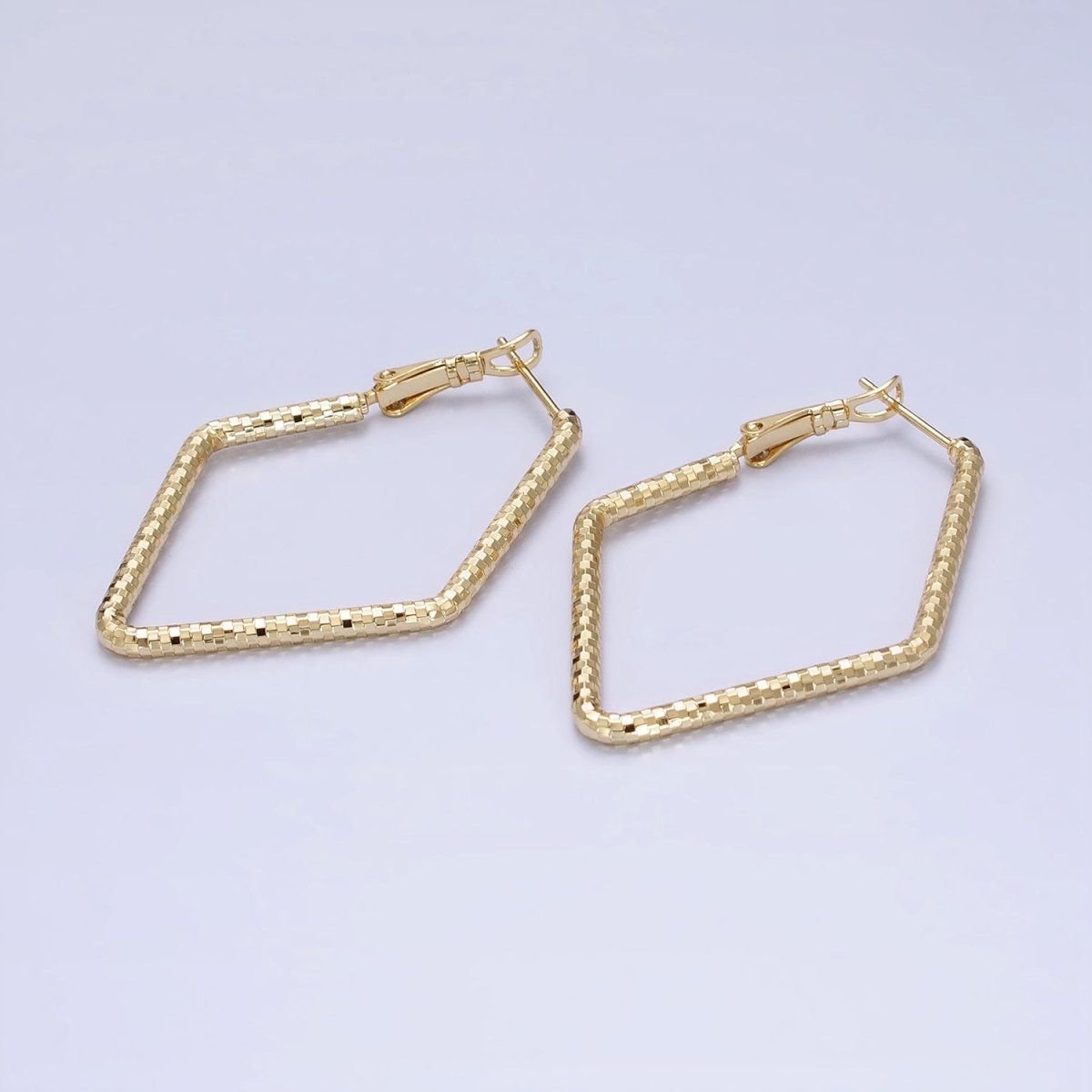 14K Gold Filled Multifaceted Textured 45mm, 60mm Rhombus Hinge Hoop Earrings | AE063 AE064 - DLUXCA