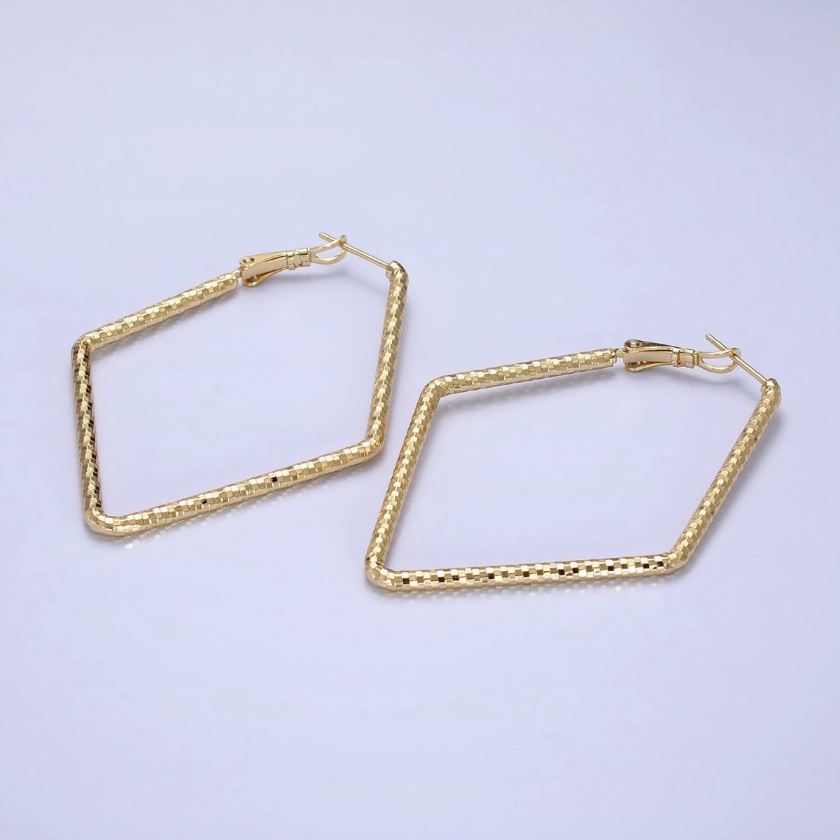 14K Gold Filled Multifaceted Textured 45mm, 60mm Rhombus Hinge Hoop Earrings | AE063 AE064 - DLUXCA