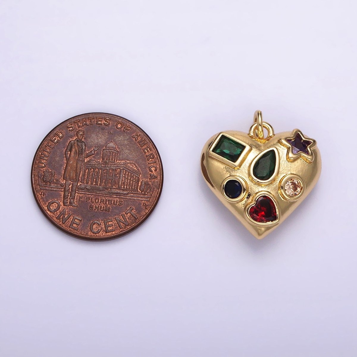 14K Gold Filled Multiple Geometric Multicolor CZ Chubby Filigree Heart Charm | AG522 - DLUXCA