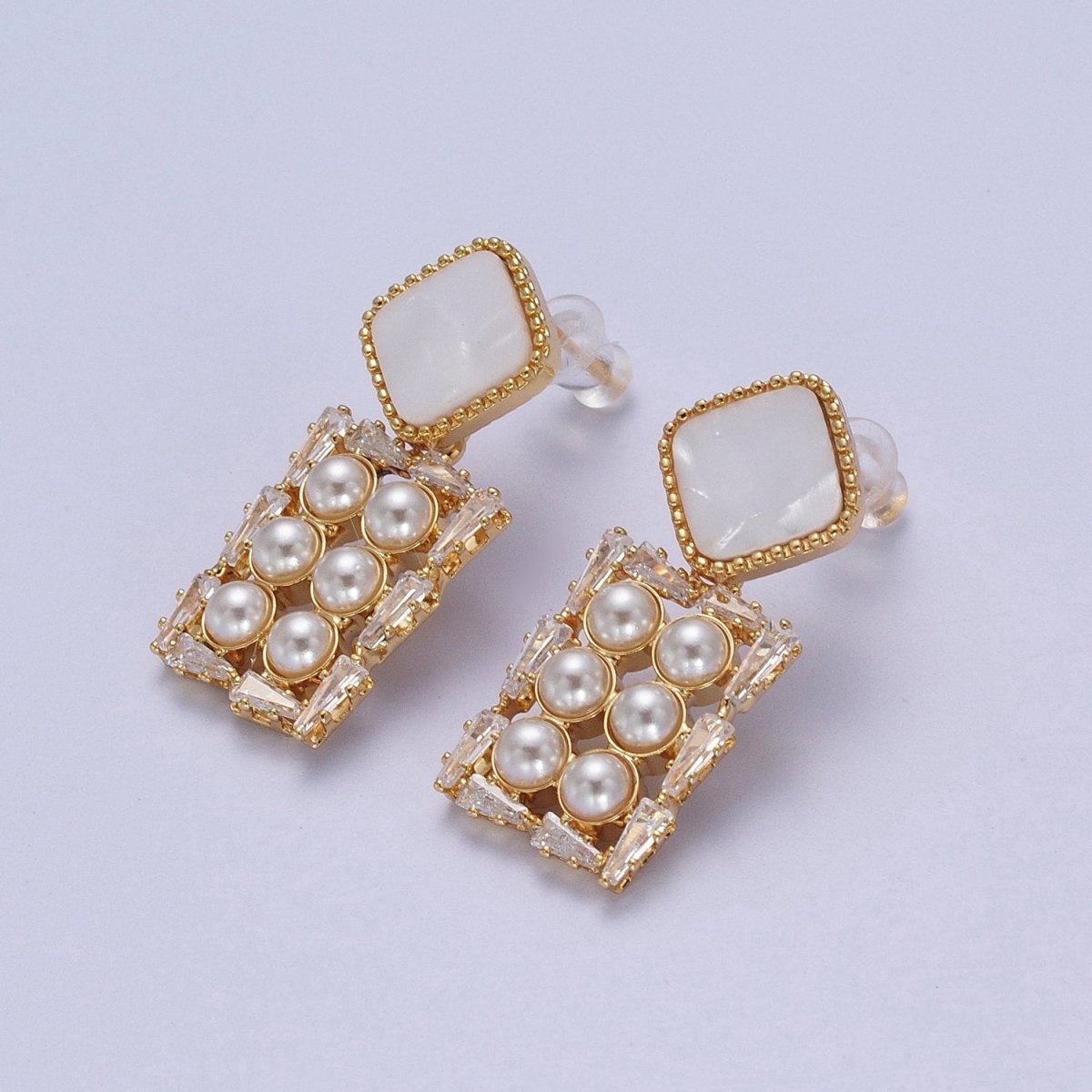 14K Gold Filled Multiple Pearl Baguette Rectangular Shell Pearl Rhombus Drop Stud Earrings | AE1032 - DLUXCA