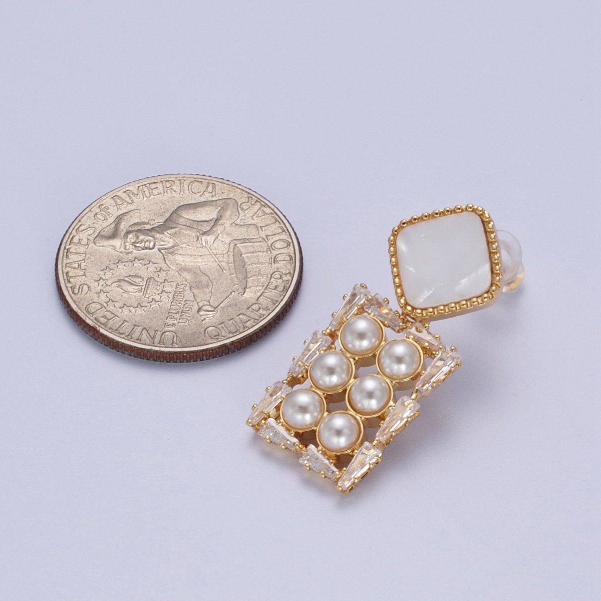 14K Gold Filled Multiple Pearl Baguette Rectangular Shell Pearl Rhombus Drop Stud Earrings | AE1032 - DLUXCA